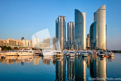 Image of Busan marina with yachts on sunset, South Korea