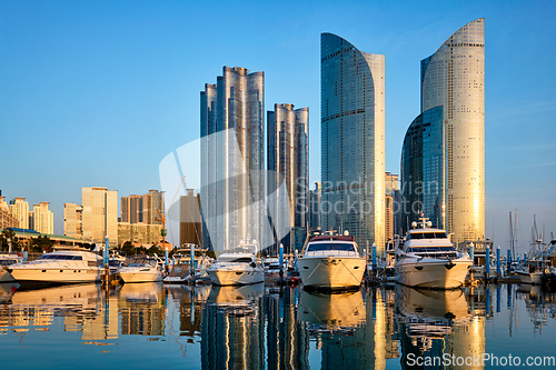 Image of Busan marina with yachts on sunset, South Korea