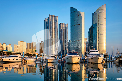 Image of Busan marina with yachts on sunset, South Korea