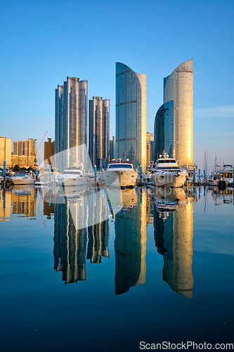 Image of Busan marina with yachts on sunset, South Korea