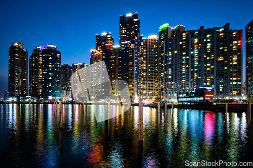 Image of Busan Marina city skyscrapers illluminated in night