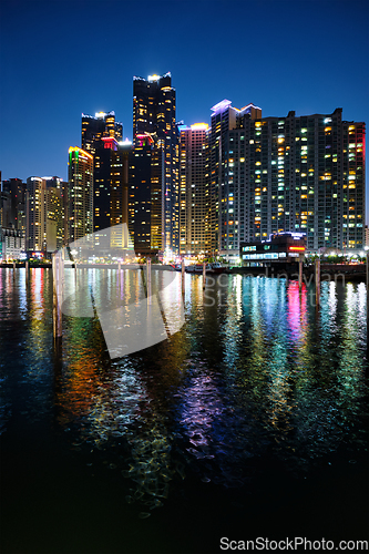 Image of Busan Marina city skyscrapers illluminated in night