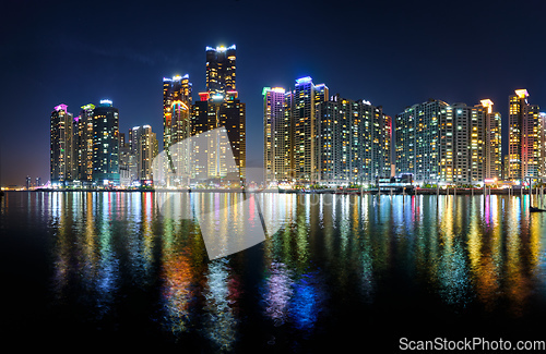 Image of Busan Marina city skyscrapers illluminated in night