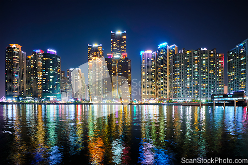 Image of Busan Marina city skyscrapers illluminated in night