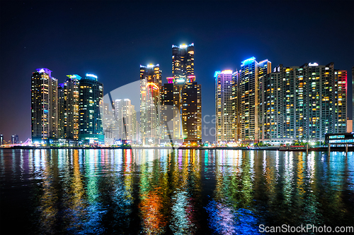 Image of Busan Marina city skyscrapers illluminated in night