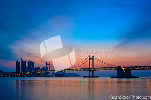 Image of Gwangan Bridge on sunrise. Busan, South Korea