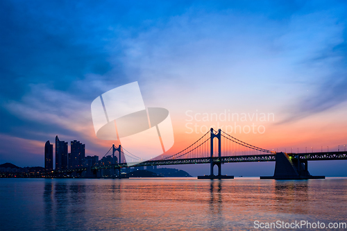 Image of Gwangan Bridge on sunrise. Busan, South Korea