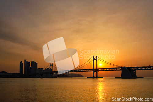 Image of Gwangan Bridge on sunrise. Busan, South Korea