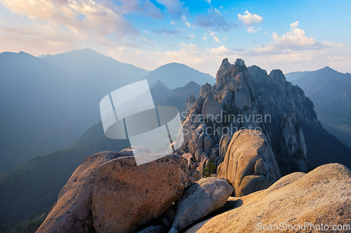 Image of View from Ulsanbawi rock peak on sunset. Seoraksan National Park, South Corea