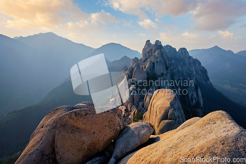 Image of View from Ulsanbawi rock peak on sunset. Seoraksan National Park, South Corea