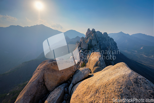 Image of View from Ulsanbawi rock peak on sunset. Seoraksan National Park, South Corea