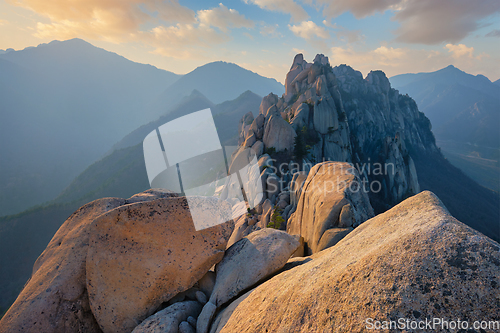 Image of View from Ulsanbawi rock peak on sunset. Seoraksan National Park, South Corea