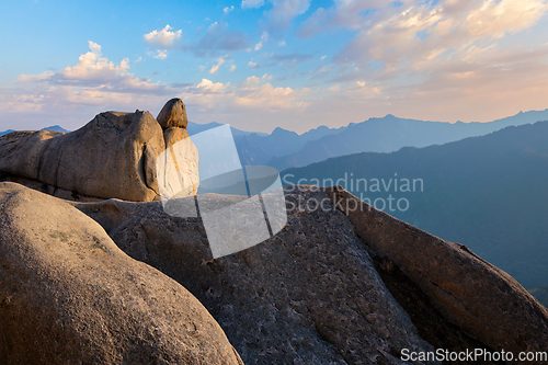 Image of View from Ulsanbawi rock peak on sunset. Seoraksan National Park, South Corea