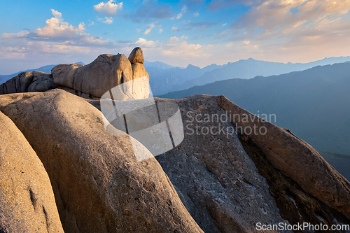 Image of View from Ulsanbawi rock peak on sunset. Seoraksan National Park, South Corea