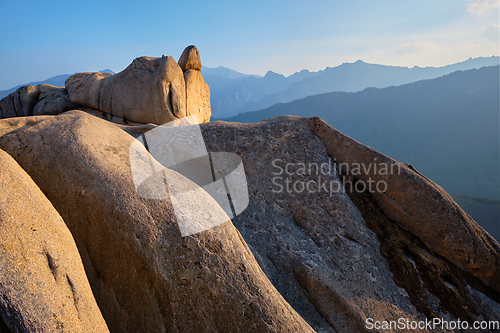 Image of View from Ulsanbawi rock peak on sunset. Seoraksan National Park, South Corea