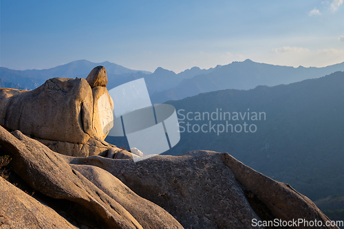 Image of View from Ulsanbawi rock peak on sunset. Seoraksan National Park, South Corea