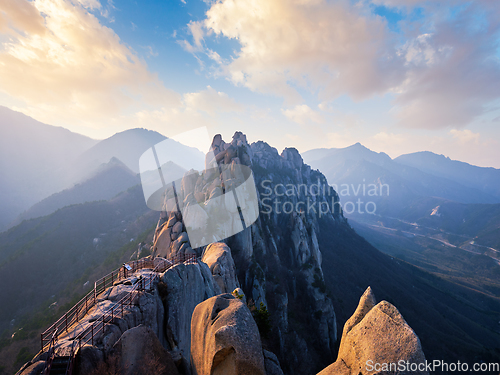 Image of View from Ulsanbawi rock peak on sunset. Seoraksan National Park, South Corea