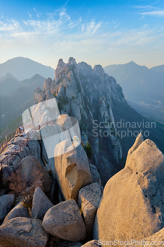 Image of View from Ulsanbawi rock peak on sunset. Seoraksan National Park, South Corea