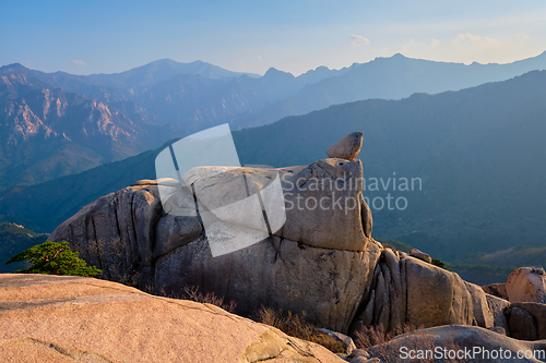 Image of View from Ulsanbawi rock peak on sunset. Seoraksan National Park, South Corea