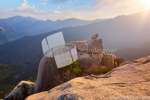 Image of View from Ulsanbawi rock peak on sunset. Seoraksan National Park, South Corea