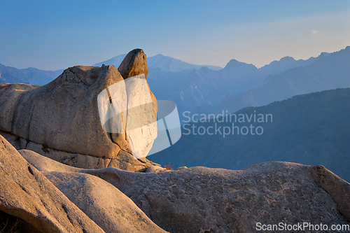 Image of View from Ulsanbawi rock peak on sunset. Seoraksan National Park, South Corea