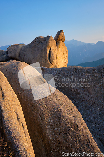 Image of View from Ulsanbawi rock peak on sunset. Seoraksan National Park, South Corea