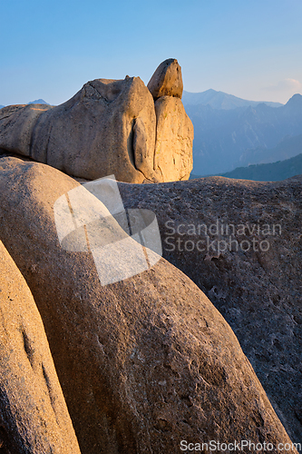 Image of View from Ulsanbawi rock peak on sunset. Seoraksan National Park, South Corea