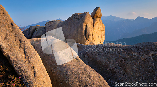 Image of View from Ulsanbawi rock peak on sunset. Seoraksan National Park, South Corea