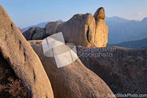 Image of View from Ulsanbawi rock peak on sunset. Seoraksan National Park, South Corea