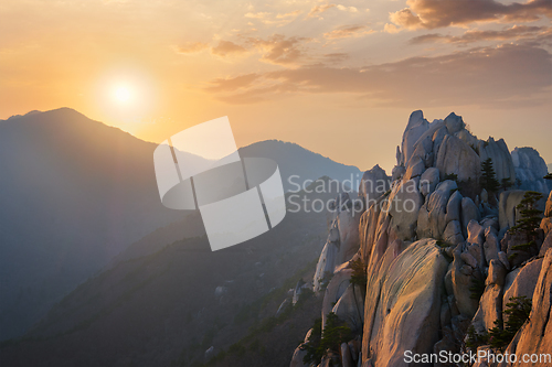 Image of View from Ulsanbawi rock peak on sunset. Seoraksan National Park, South Corea