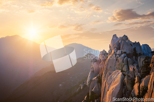 Image of View from Ulsanbawi rock peak on sunset. Seoraksan National Park, South Corea