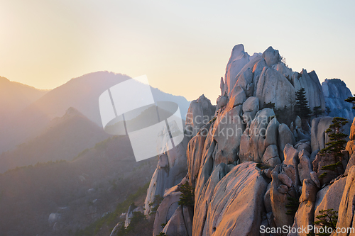 Image of View from Ulsanbawi rock peak on sunset. Seoraksan National Park, South Corea