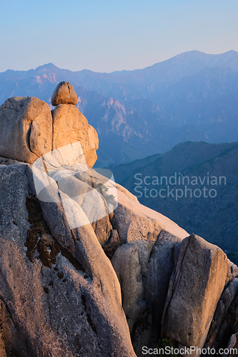 Image of View from Ulsanbawi rock peak on sunset. Seoraksan National Park, South Corea