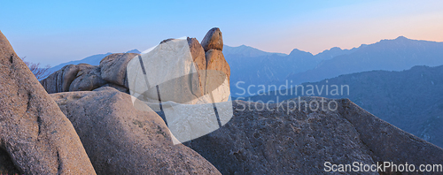 Image of View from Ulsanbawi rock peak on sunset. Seoraksan National Park, South Corea