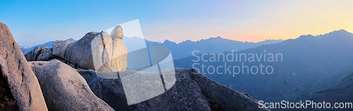 Image of View from Ulsanbawi rock peak on sunset. Seoraksan National Park, South Corea