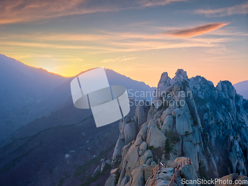 Image of View from Ulsanbawi rock peak on sunset. Seoraksan National Park, South Corea