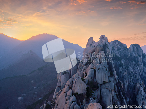 Image of View from Ulsanbawi rock peak on sunset. Seoraksan National Park, South Corea