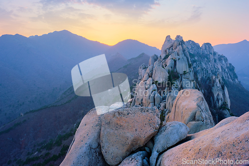 Image of View from Ulsanbawi rock peak on sunset. Seoraksan National Park, South Corea