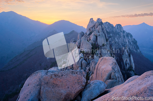 Image of View from Ulsanbawi rock peak on sunset. Seoraksan National Park, South Corea