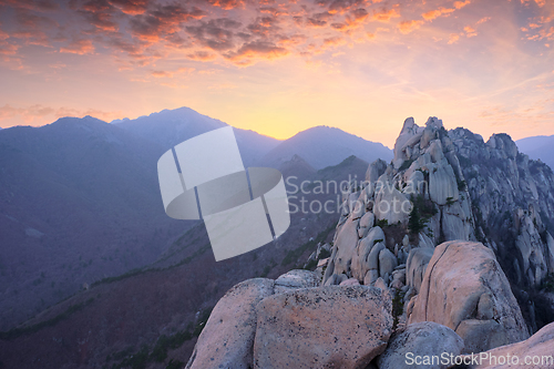 Image of View from Ulsanbawi rock peak on sunset. Seoraksan National Park, South Corea