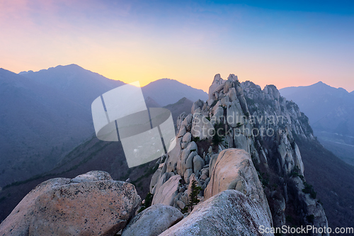 Image of View from Ulsanbawi rock peak on sunset. Seoraksan National Park, South Corea