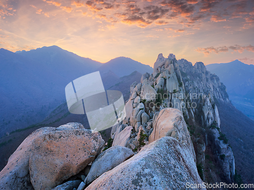 Image of View from Ulsanbawi rock peak on sunset. Seoraksan National Park, South Corea