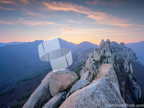 Image of View from Ulsanbawi rock peak on sunset. Seoraksan National Park, South Corea