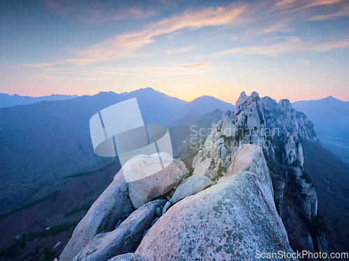 Image of View from Ulsanbawi rock peak on sunset. Seoraksan National Park, South Corea