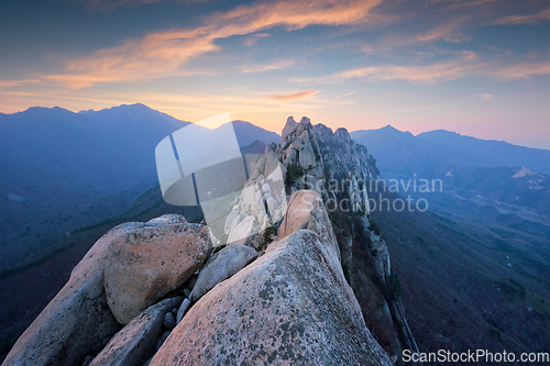 Image of View from Ulsanbawi rock peak on sunset. Seoraksan National Park, South Corea