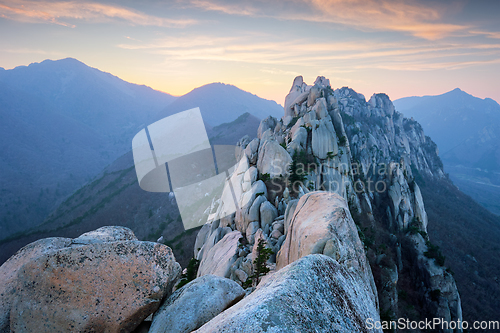 Image of View from Ulsanbawi rock peak on sunset. Seoraksan National Park, South Corea