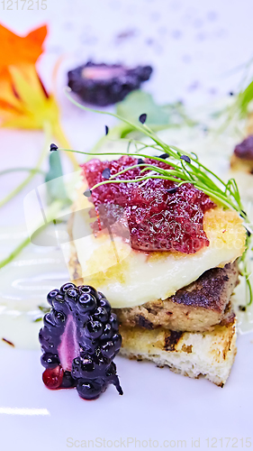 Image of The foie gras with sauce. Shallow dof.