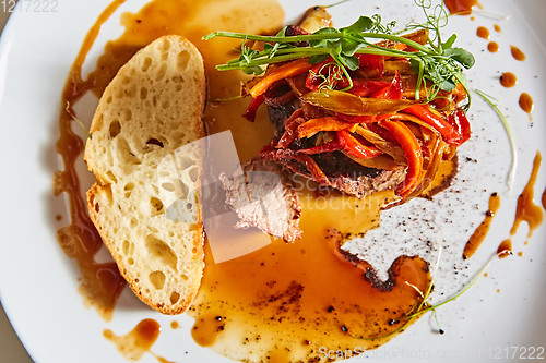 Image of Delicious beef steak with vegetables. Shallow dof.