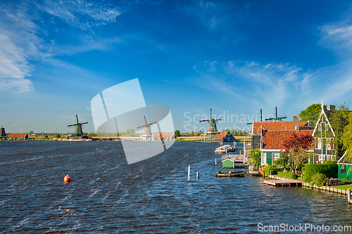 Image of Windmills at Zaanse Schans in Holland. Zaandam, Netherlands