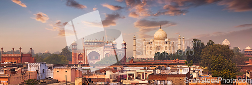 Image of Panorama of Taj Mahal view over roofs of Agra